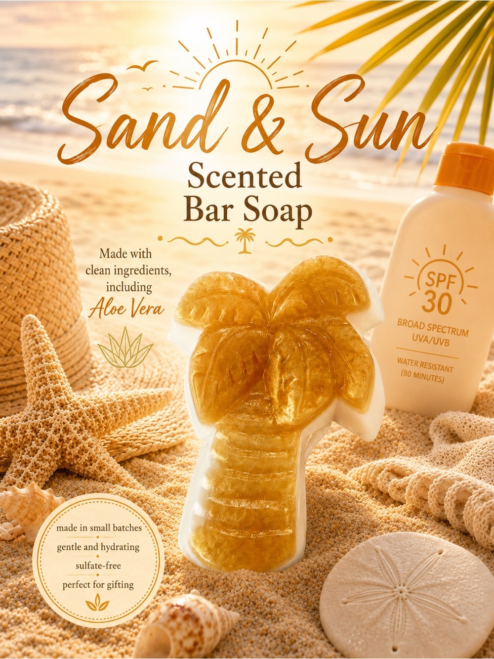 Hand Crafted “Sand & Sun” Scented Bar Soap With Aloe Vera